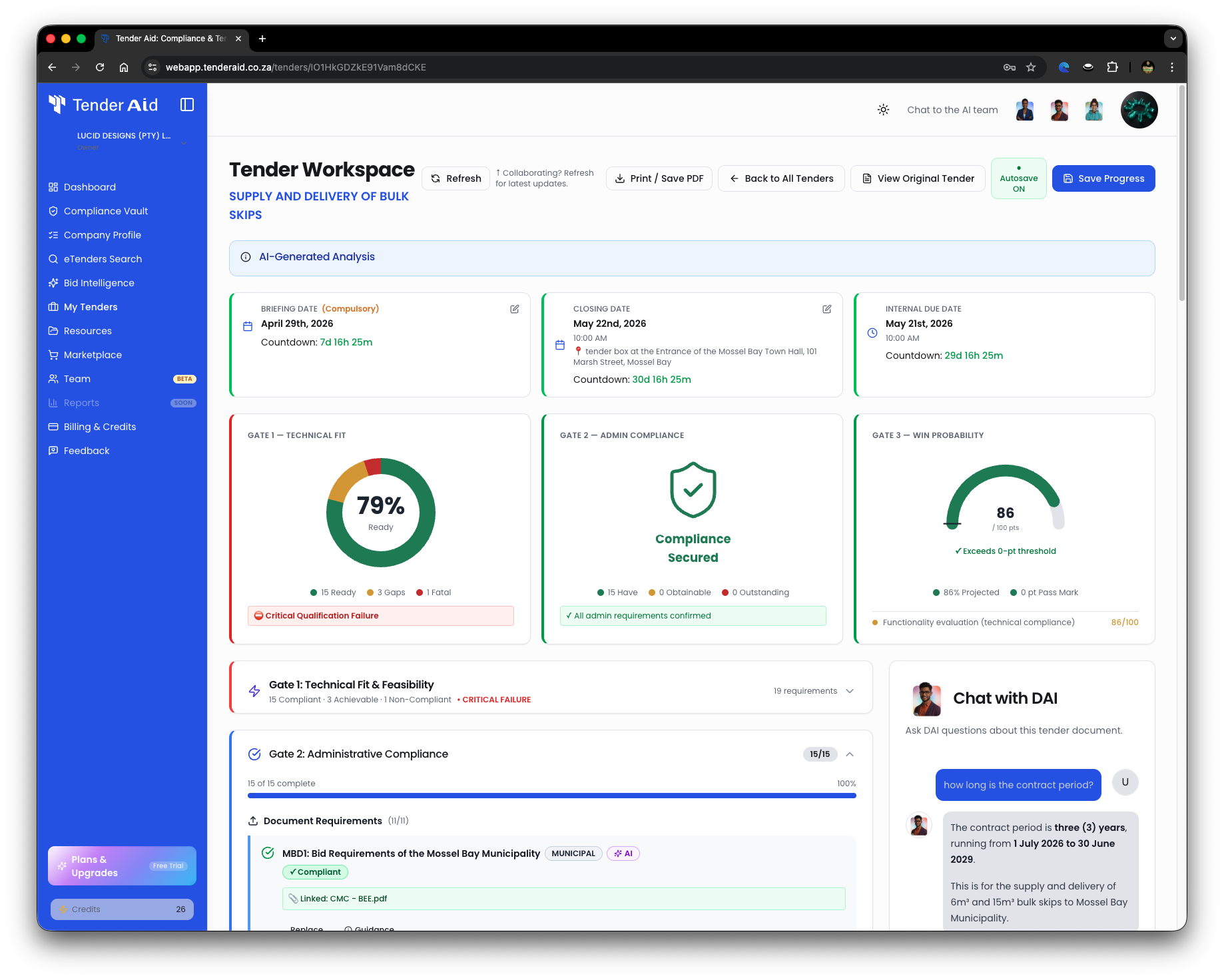 Tender Aid AI Dashboard Interface